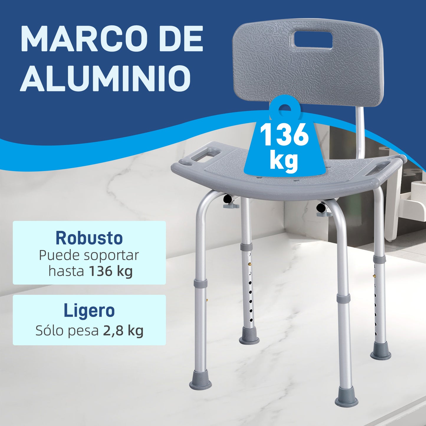 Homcom Silla Ducha Personas Mayores Con Respaldo Antideslizante Carga 136 kg_3