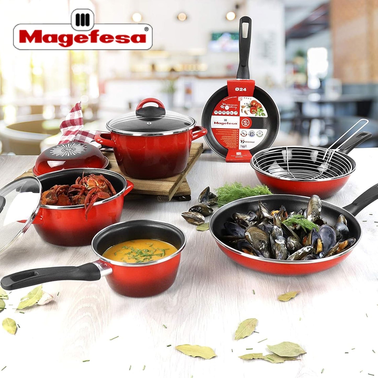 Cacerola 'sr' Ø16cm Con Tapa Vidrio Rojo Magefesa