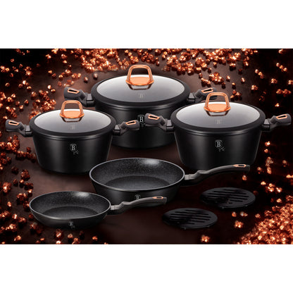 Batería Cocina Inducción 10 Piezas, Antiadherente Mármol Sin Pfoa, Aluminio, Cazuelas Sartenes Berlinger Haus Black Rose Negro_2