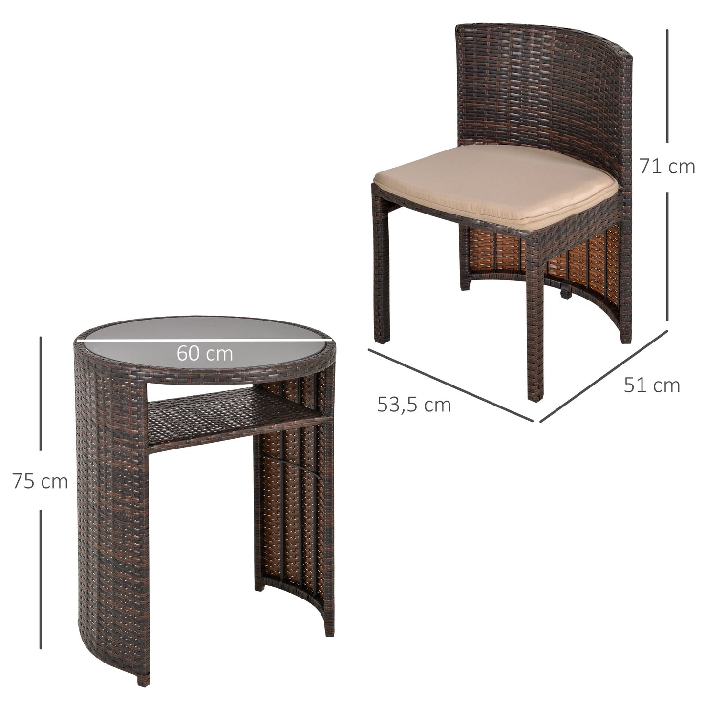 Outsunny Conjunto De Muebles Ratán De 3 Piezas 1 Mesa Y 2 Sillas 71x53.5x51 Cm_2