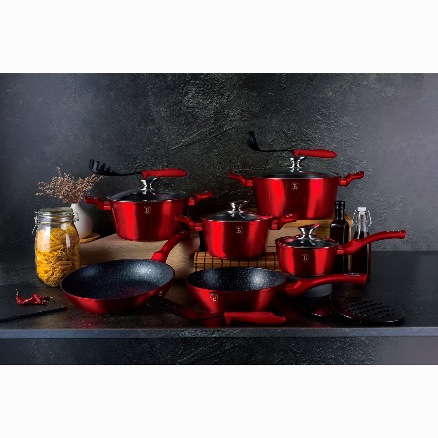 Batería Cocina Inducción 15 Piezas Antiadherente Sin Pfoa Aluminio Cazuelas Sartenes Utensilios Berlinger Haus Burgundy Rojo