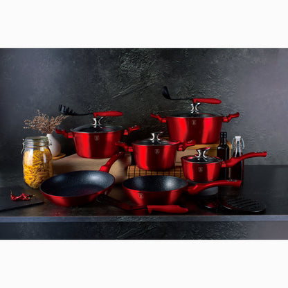 Batería Cocina Inducción 15 Piezas Antiadherente Sin Pfoa Aluminio Cazuelas Sartenes Utensilios Berlinger Haus Burgundy Rojo