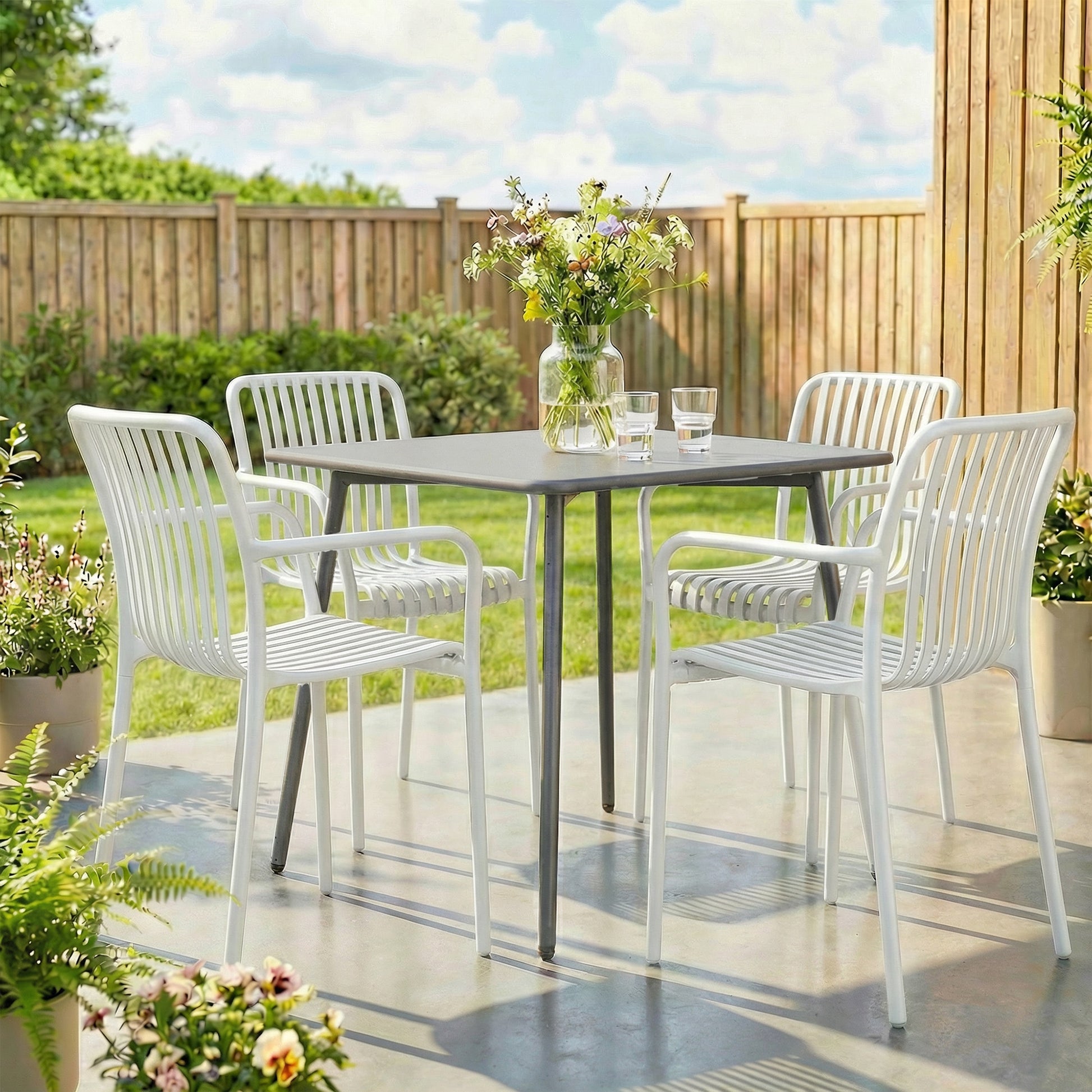 Outsunny Juego De 4 Sillas De Jardín Exterior Apilables Respaldo Curvado Blanco_1