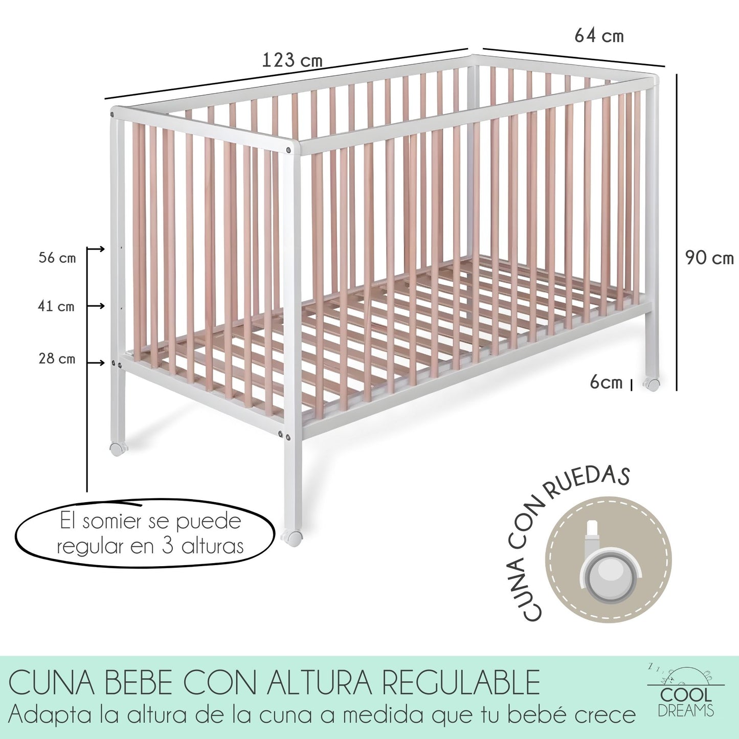Cuna Colecho De Bebé Laponia Color Natural 120x60 Cm Madera De Haya, 3 Alturas De Somier Y 4 Ruedas Con Freno_3