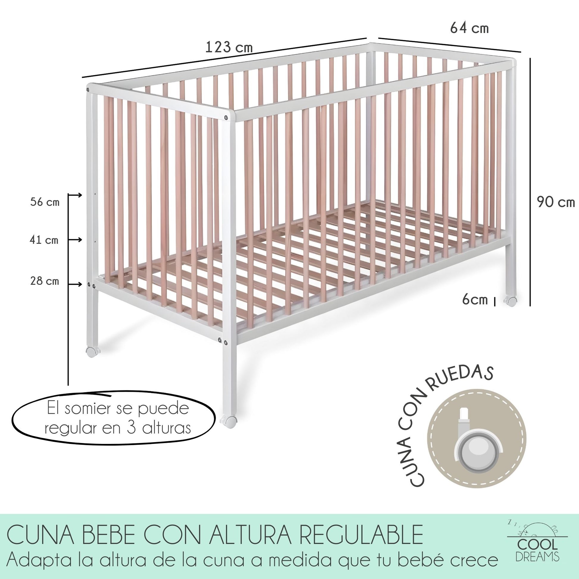 Cuna Colecho De Bebé Laponia Color Natural 120x60 Cm Madera De Haya, 3 Alturas De Somier Y 4 Ruedas Con Freno_3