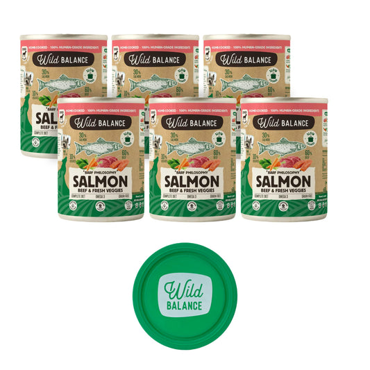 Pack 6x Salmón y Ternera barf para perros 400 g + Regalo: Tapa reutilizable para latas, Wild Balance
