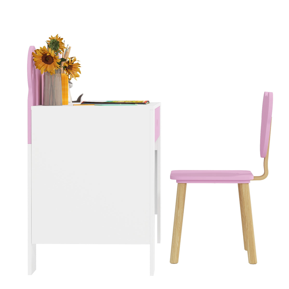 Secretária E Cadeira Para Crianças Aiyaplay Mdf E Madeira De Pinho Rosa 80x41x74,5 Cm_3
