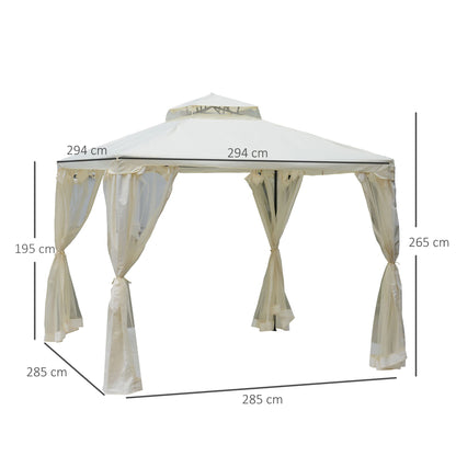 Outsunny Cenador De Jardín 3x3m Con Doble Techo 4 Cortinas Mosquiteras Crema_2