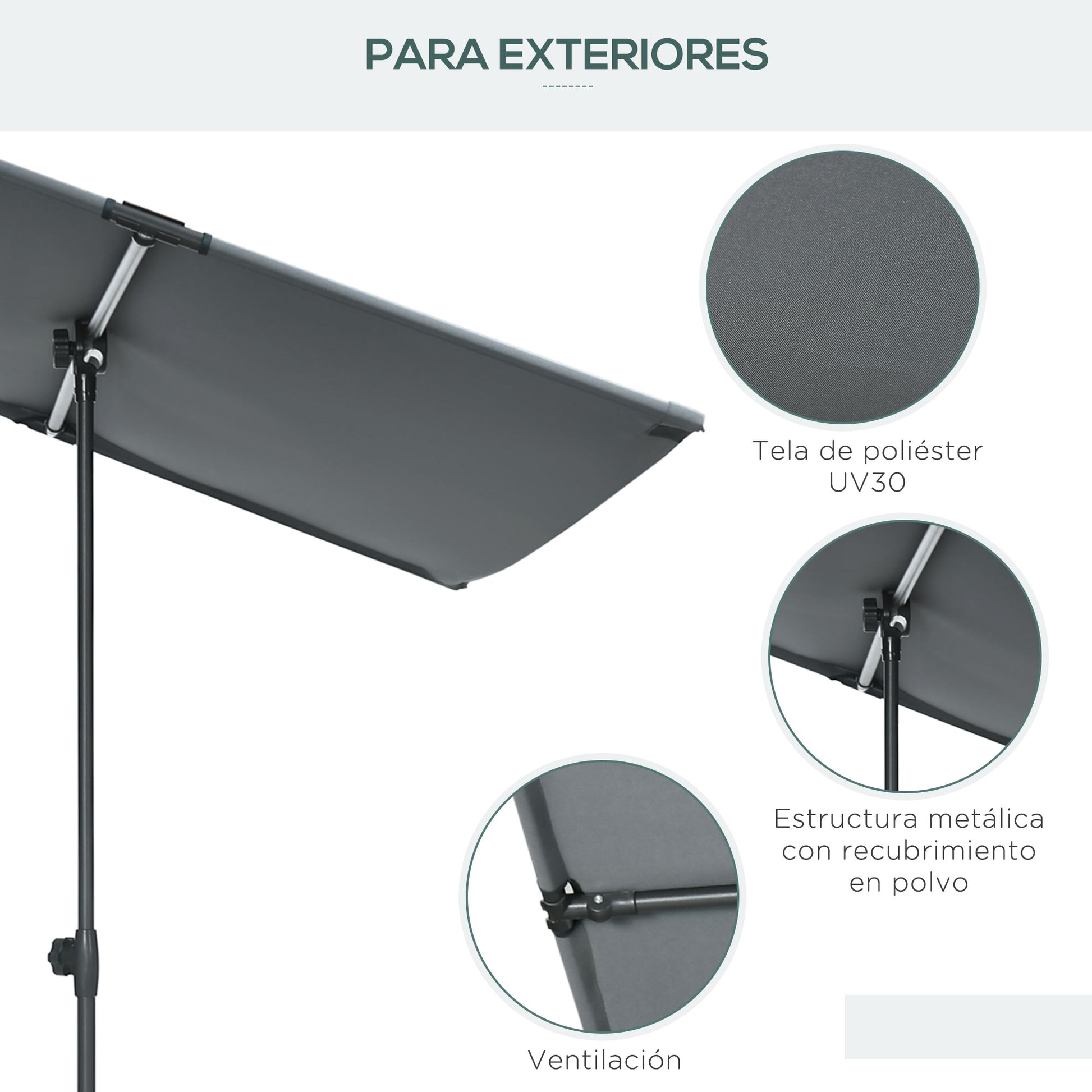 Outsunny Sombrilla De Jardín Plana 180x130x115-205 Cm Techo Inclinable Gris_5