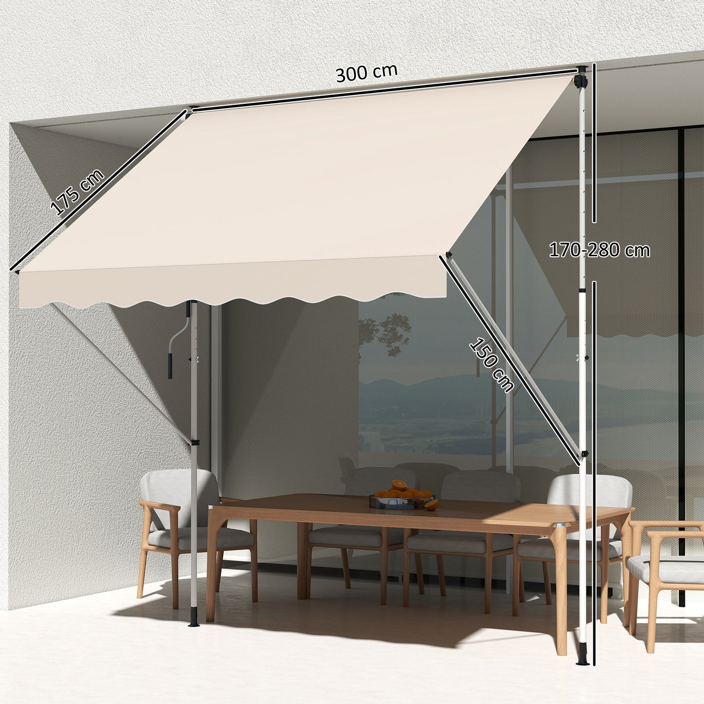 Outsunny Toldo Manual Retráctil 300x150x170-280 Cm Con Altura Ajustable Beige_2