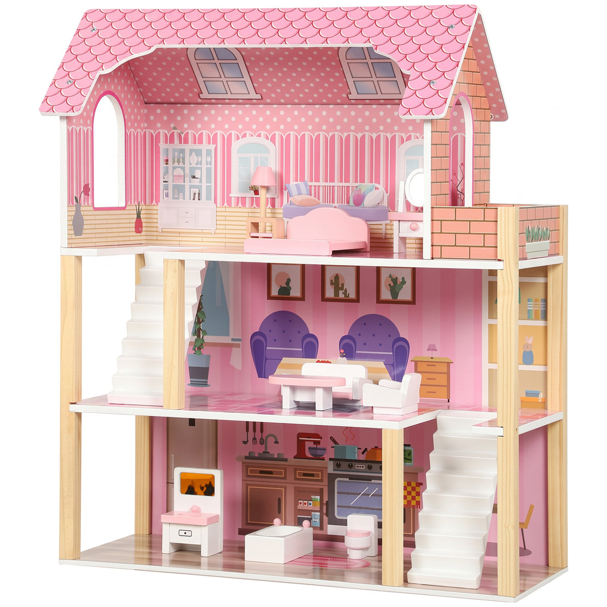 Aiyaplay Casa De Muñecas De Madera 3 Pisos Con Balcón Escaleras 10 Muebles Rosa_0