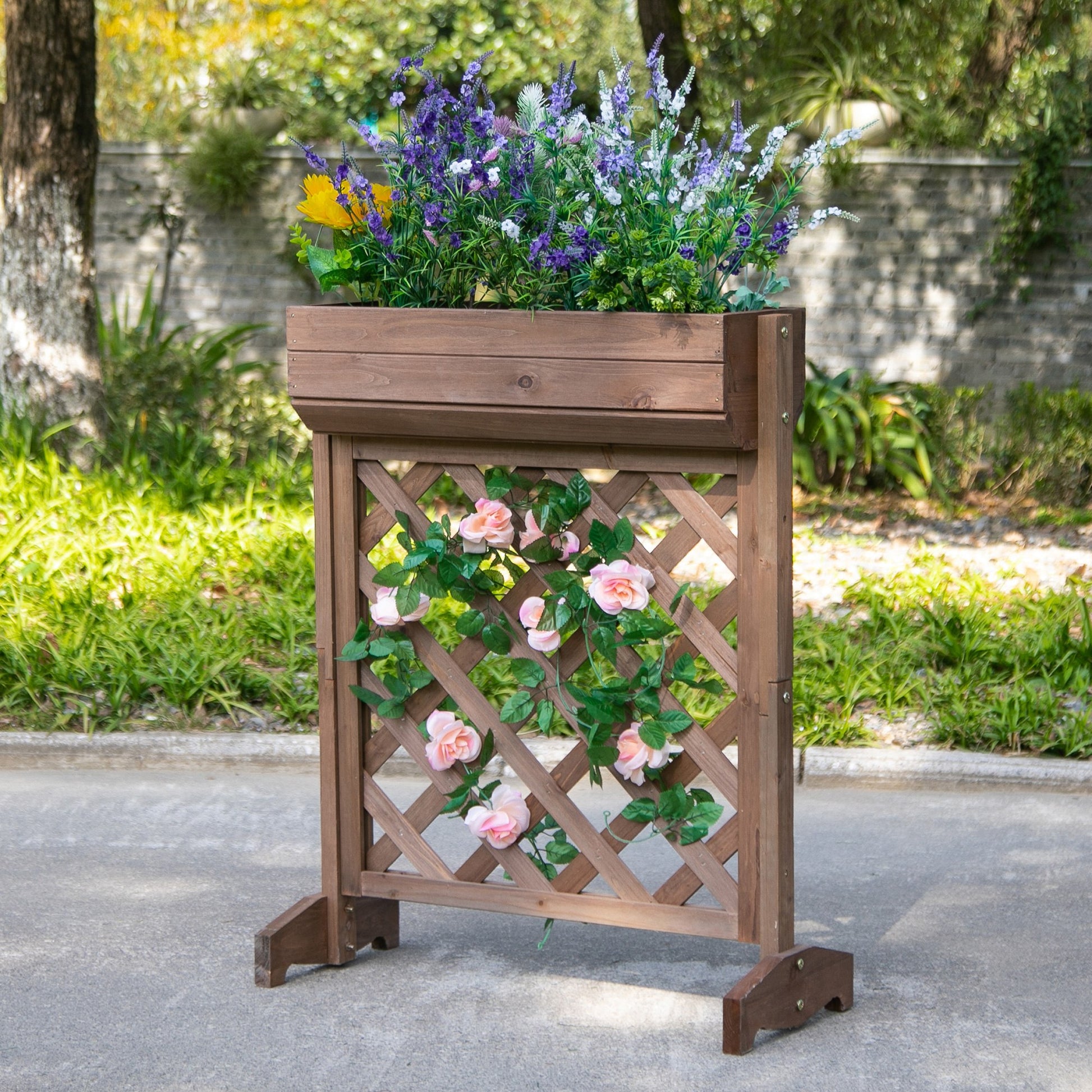 Outsunny Jardinera Con Enrejado De Madera Maciza Plantas Flores Trepaderas_1