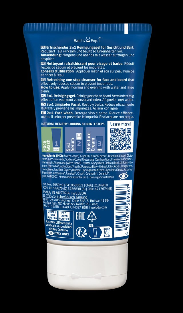 Gel Limpiador 2 en 1 Rostro & Barba para Hombre Weleda, 100ml.