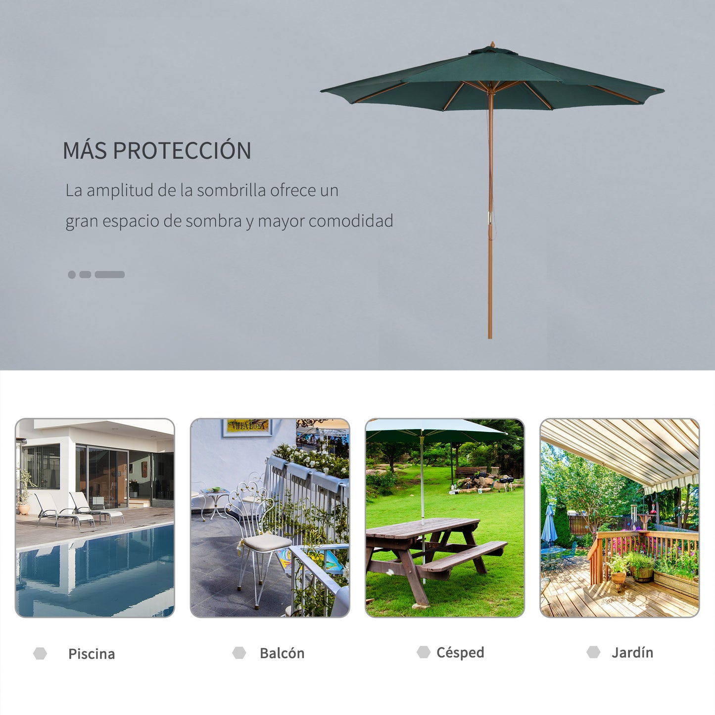 Outsunny Sombrilla Parasol Verde Diámetro 3m Madera Terraza Jardín Piscina_5