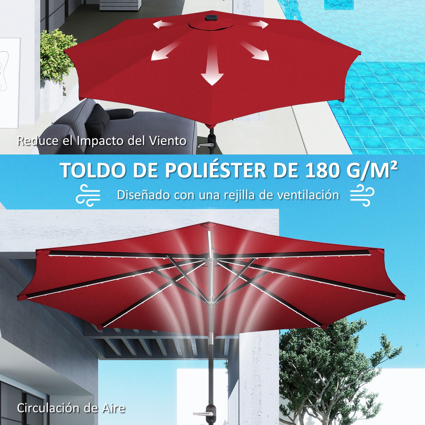 Outsunny Sombrilla Terraza Exterior Ø292x252 Cm Con Inclinación Ajustable Rojo_5