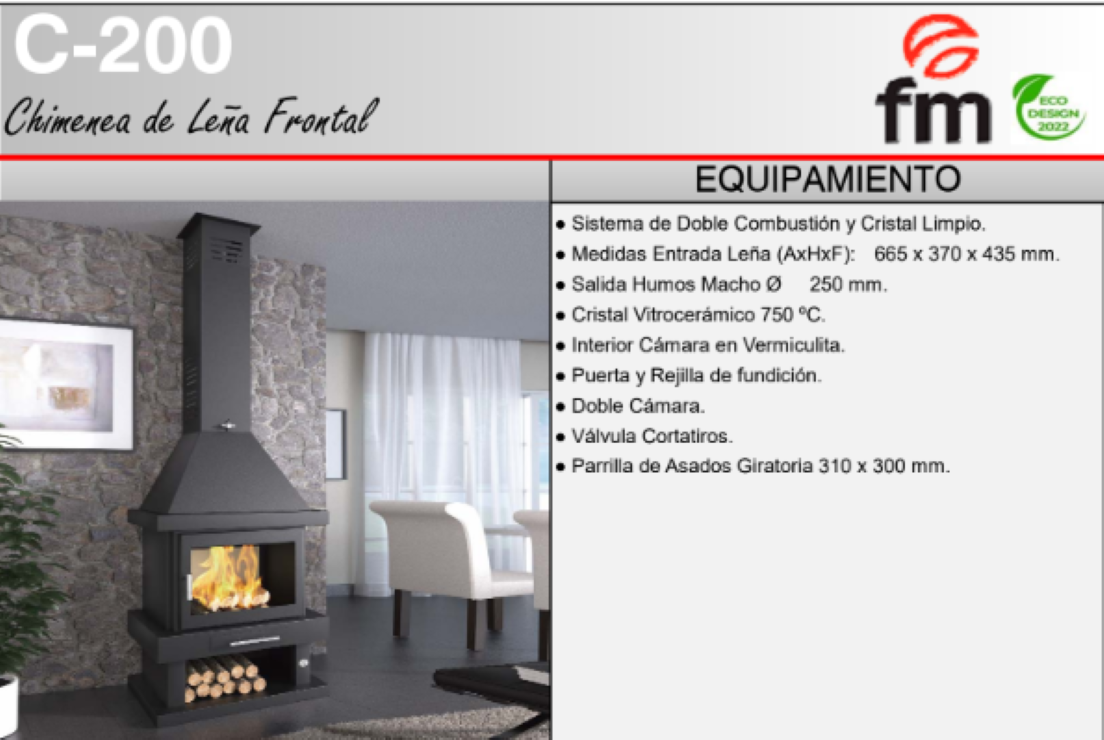 BRICOSOL Chimenea de leña frontal FM Modelo C-200 Interior Vermiculita_1