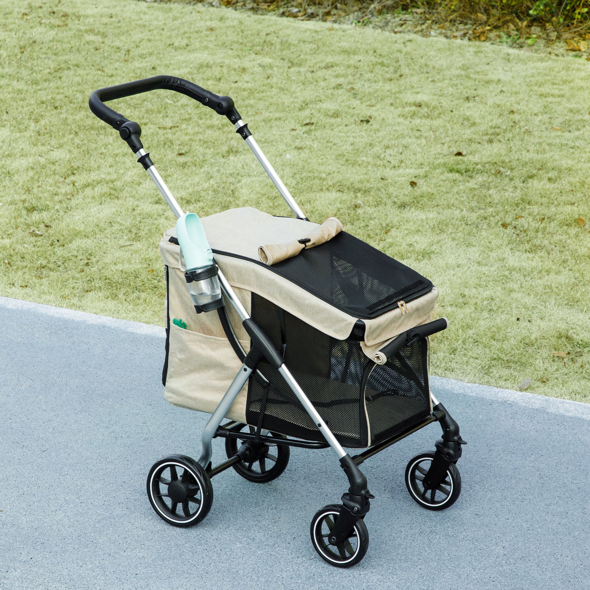 Pawhut Cochecito Para Perros Plegable Con Cojín Lavable 80x48,5x106 Cm Caqui_1