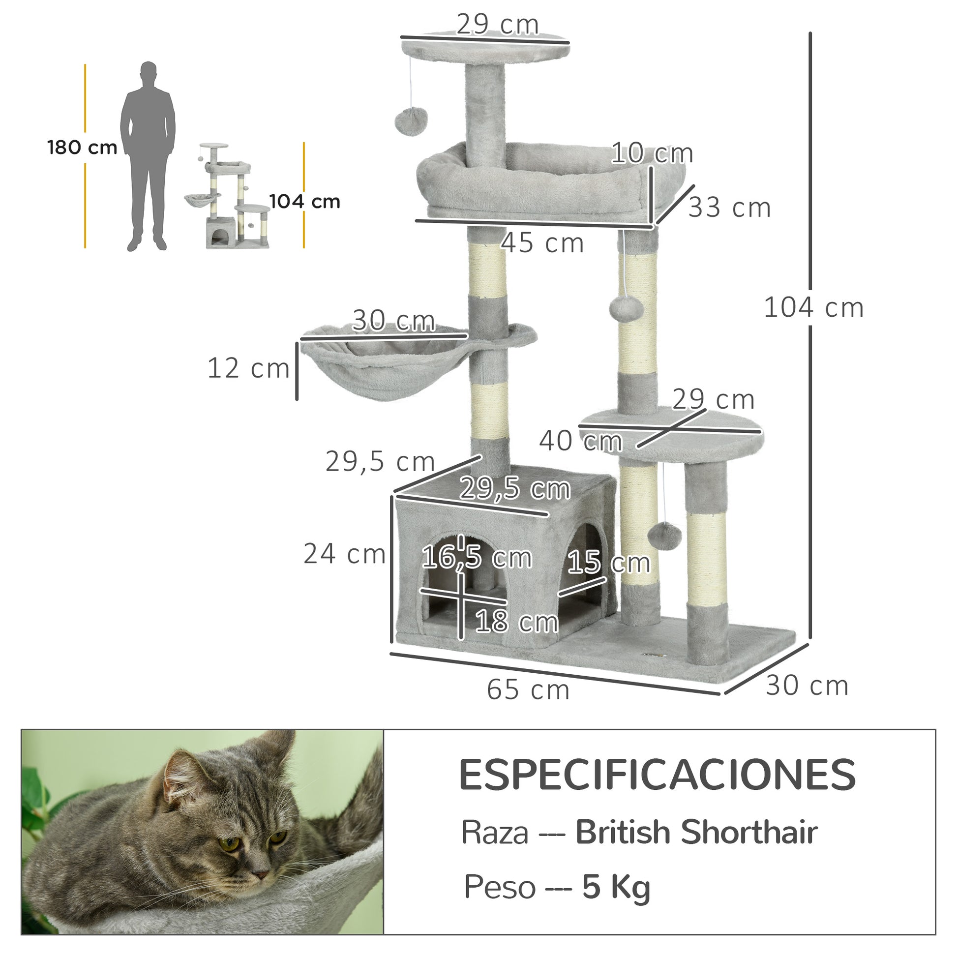 Pawhut Rascador Para Gatos Con Postes Cueva Plataformas Y Bolas Gris Claro_2