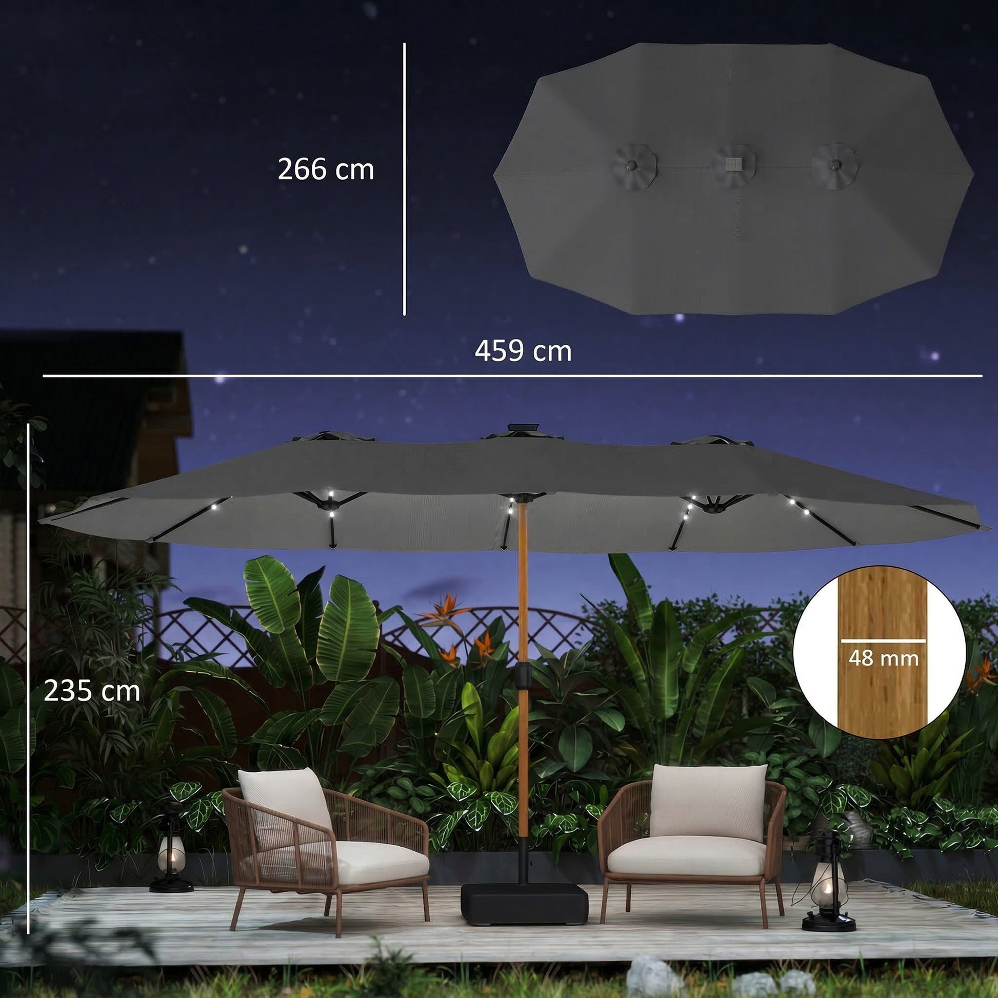 Outsunny Sombrilla Doble 4,6x2,6 M Con 48 Luces Led Base Incluida Y Manivela_2