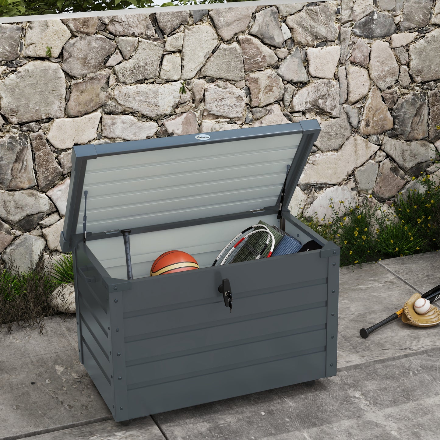 Outsunny Baúl De Almacenaje Exterior 295l Con 4 Ruedas 2 Asas 100x62x65 Cm Gris_1