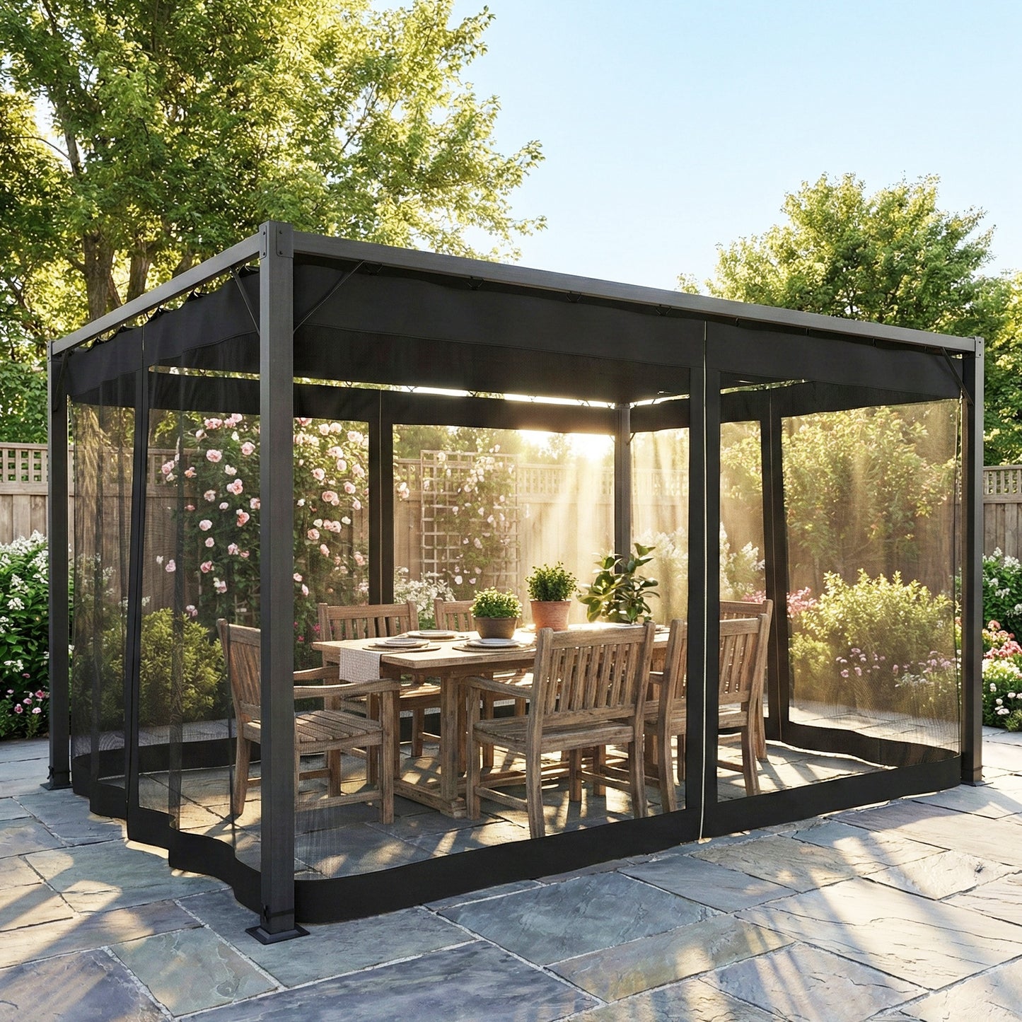 Outsunny Pérgola De Jardín 3x4 M Con Techo Retráctil Y 4 Laterales De Malla Gris_4