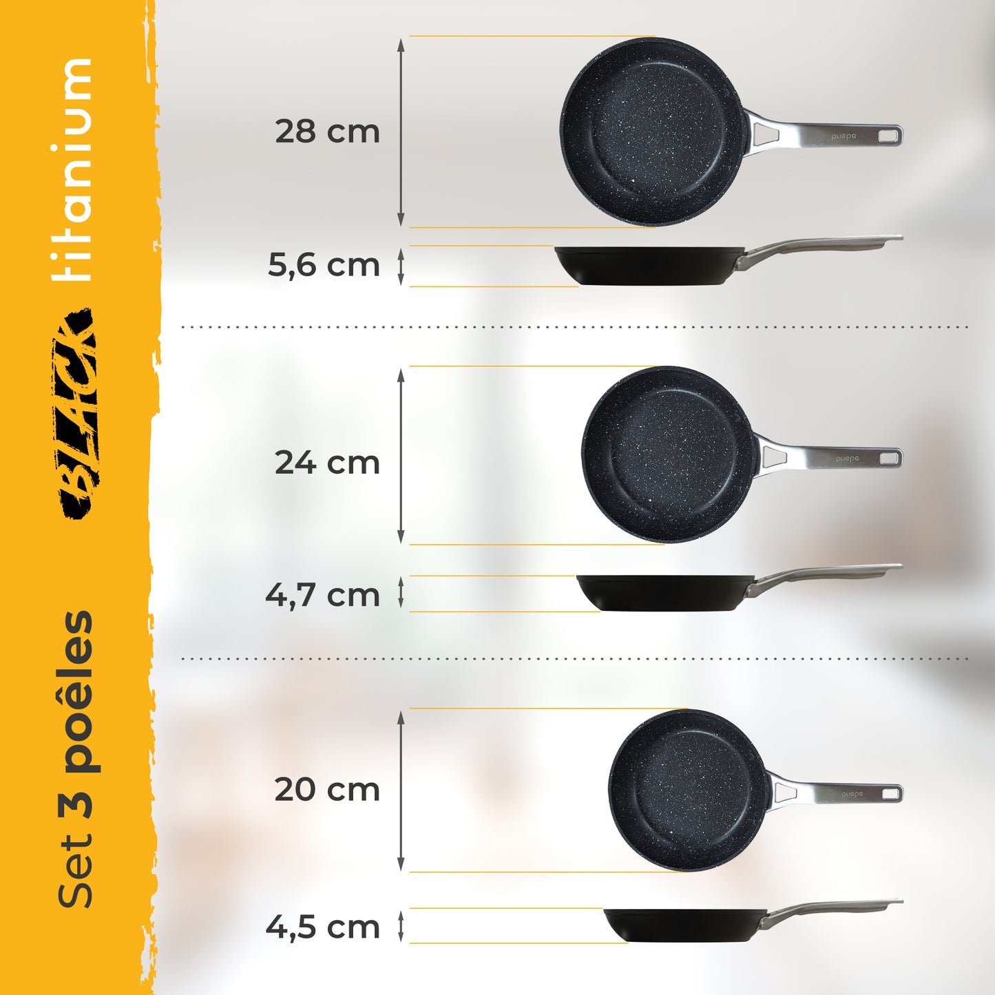 Briebe Set 3 Sartenes Antiadherentes Inducción Titanio 20-24-28cm, Aluminio Forjado Antiadherente, Black Titanium_4