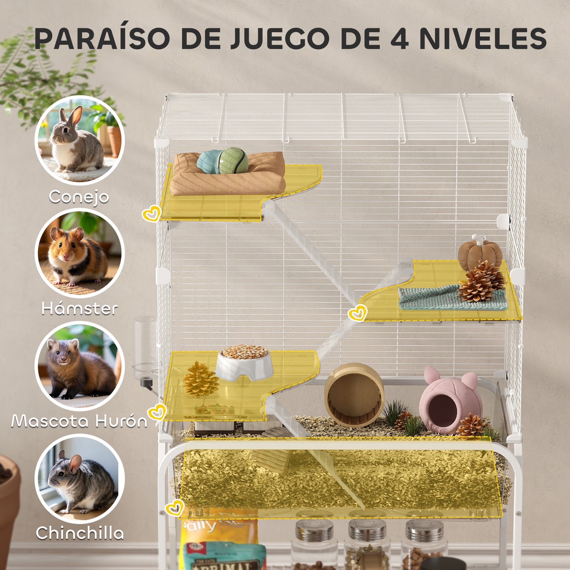 Pawhut Jaula Para Animales Pequeños De 4 Niveles Con Ruedas Bandeja Blanco_3