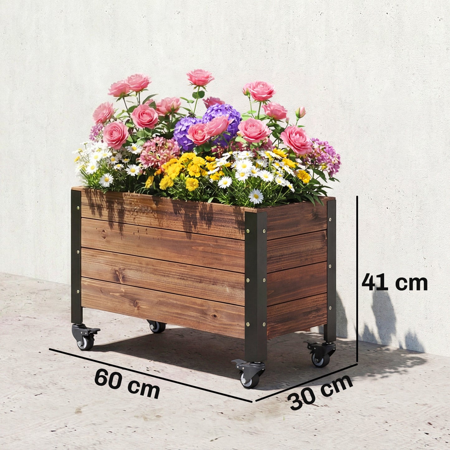 Outsunny Jardinera Exterior De Madera Con Ruedas 60x30x41 Cm Marrón Oscuro_2