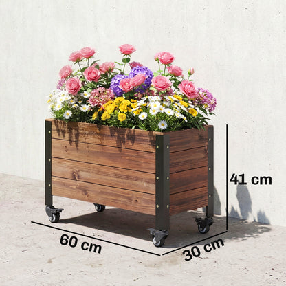 Outsunny Jardinera Exterior De Madera Con Ruedas 60x30x41 Cm Marrón Oscuro_2