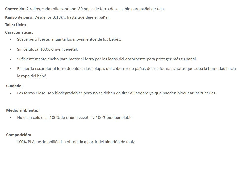 Forro Pañal Desechable Close Parent 160 unidades