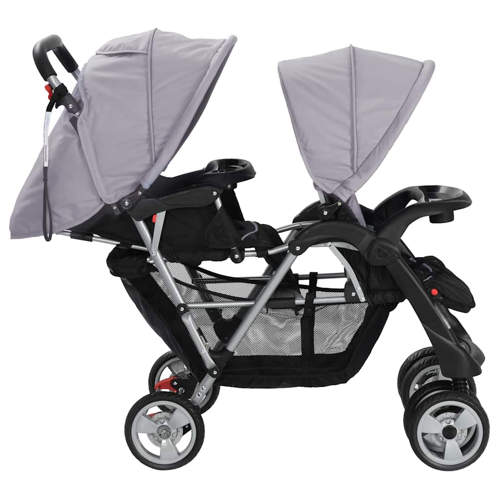 Vidaxl Carrito Para 2 Niños Tandem De Acero Gris Y Negro_3