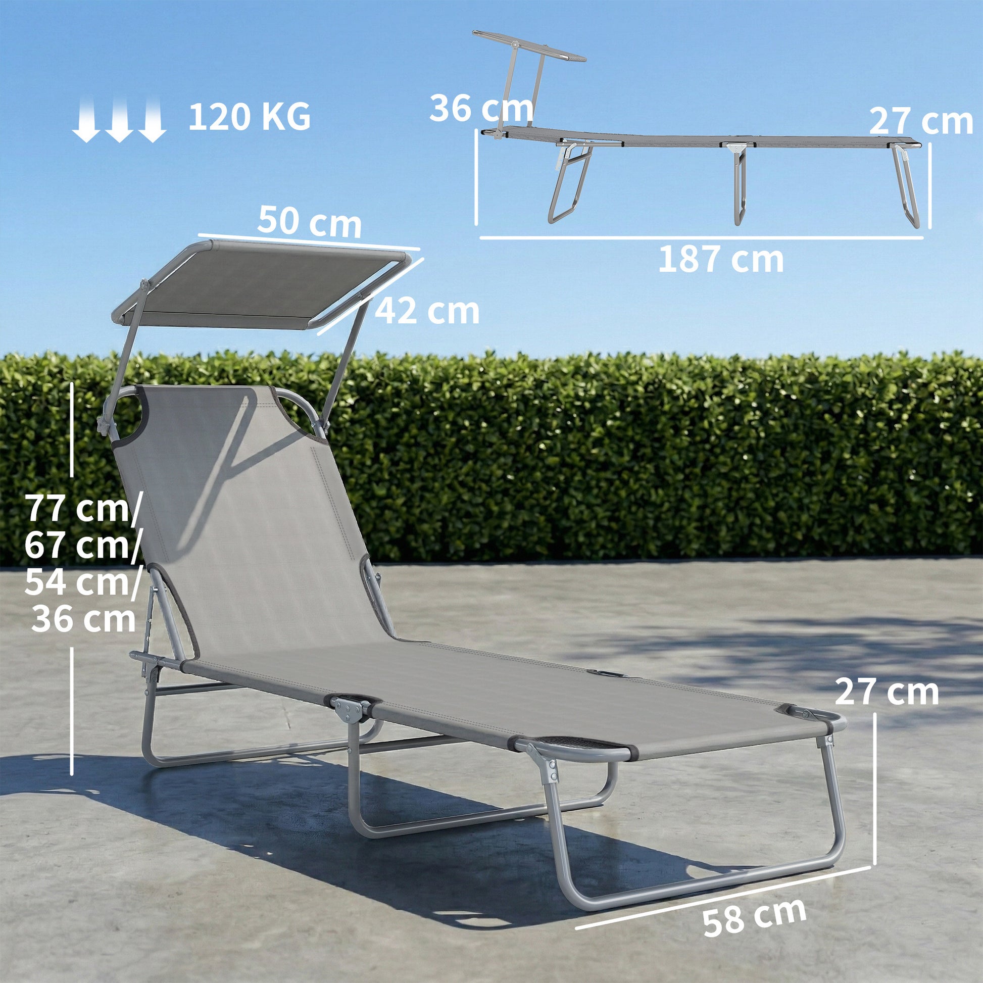 Outsunny Tumbona De Jardín Plegable Con Toldo Desmontable 187x58x36cm Gris Claro_2