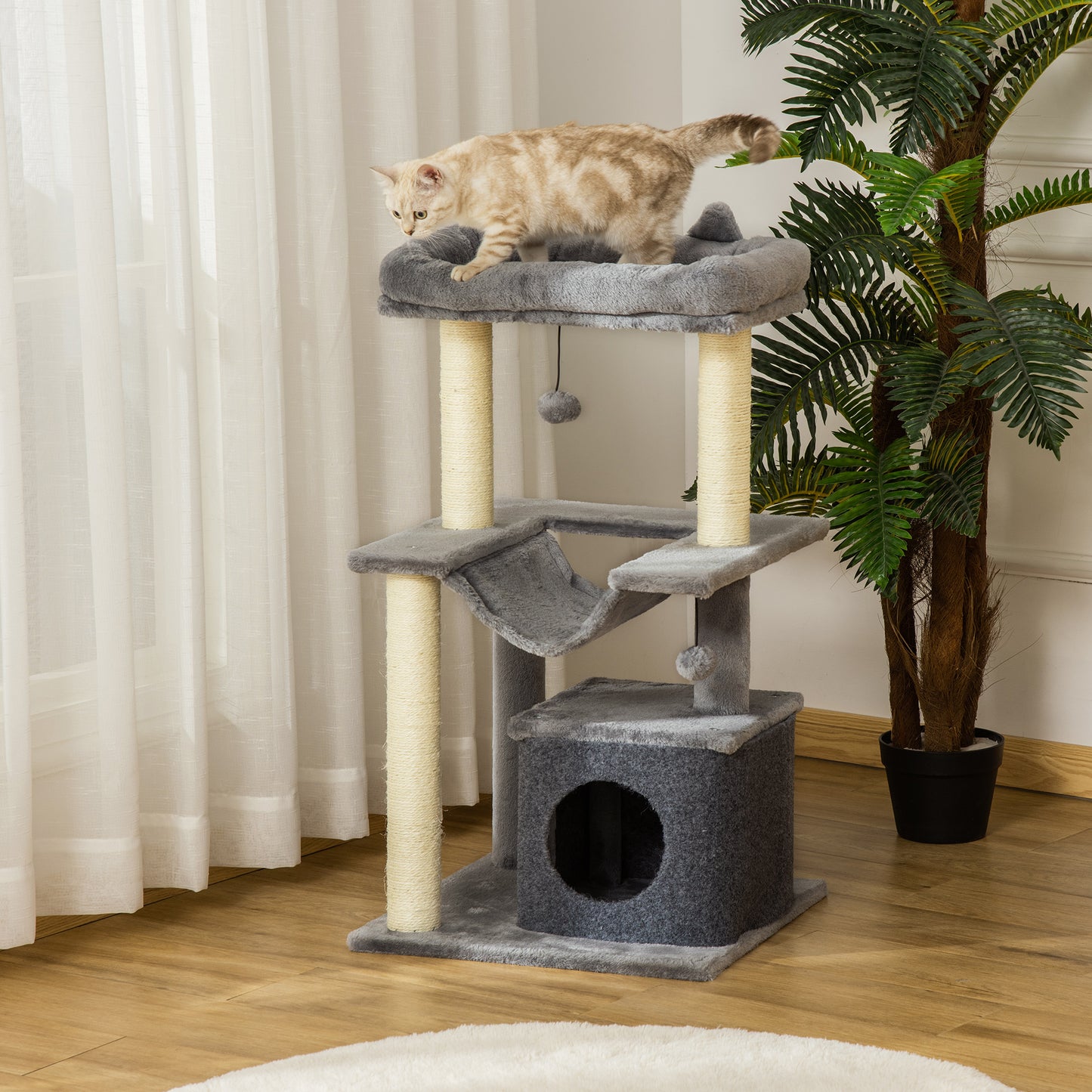 Pawhut Árbol Rascador Para Gatos Altura 90 Cm De 3 Niveles 48x48x90 Cm Gris_1