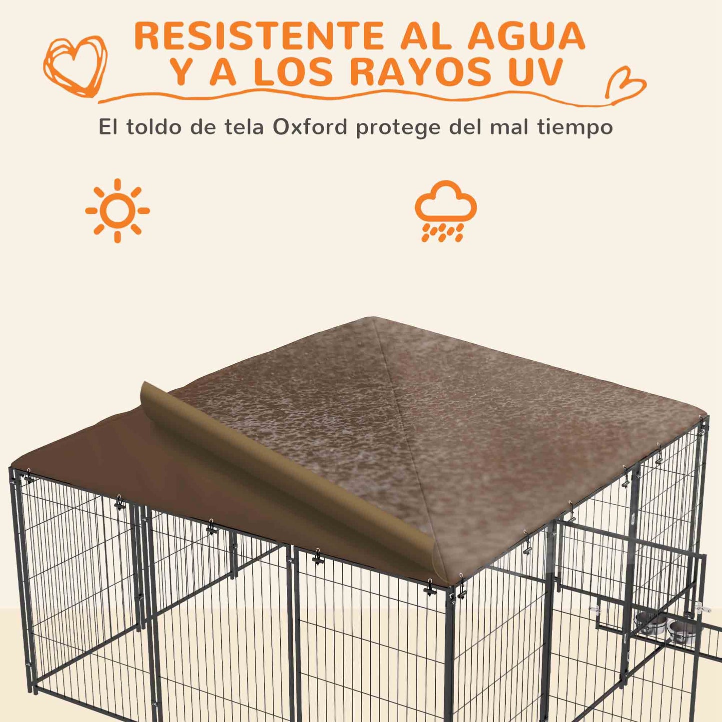 Pawhut Perrera Con Toldo Y 2 Cuencos Para Exterior 211x211x151 Cm Negro Y Café_4