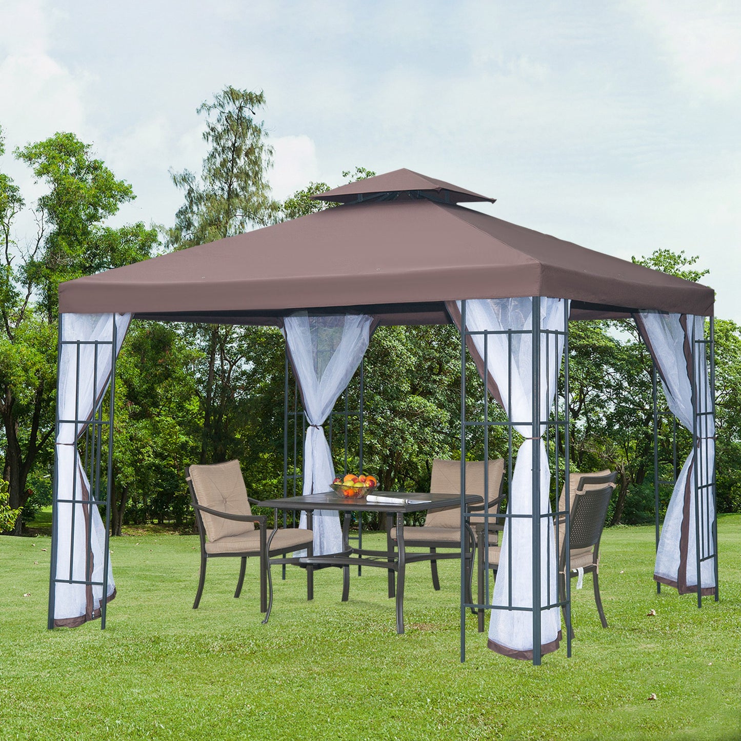 Outsunny Cenador De Jardín 3x3 M Con Doble Techo 4 Mosquiteras Para Fiestas Café_1