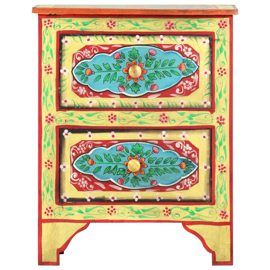 Mesita De Noche Pintada A Mano Madera Maciza Mango 40x30x50 Cm_0