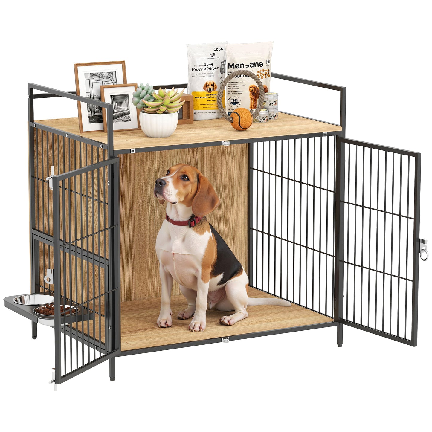 Pawhut Jaula Para Perros Mesa Auxiliar Con Soporte Giratorio Con 2 Tazones Roble_0