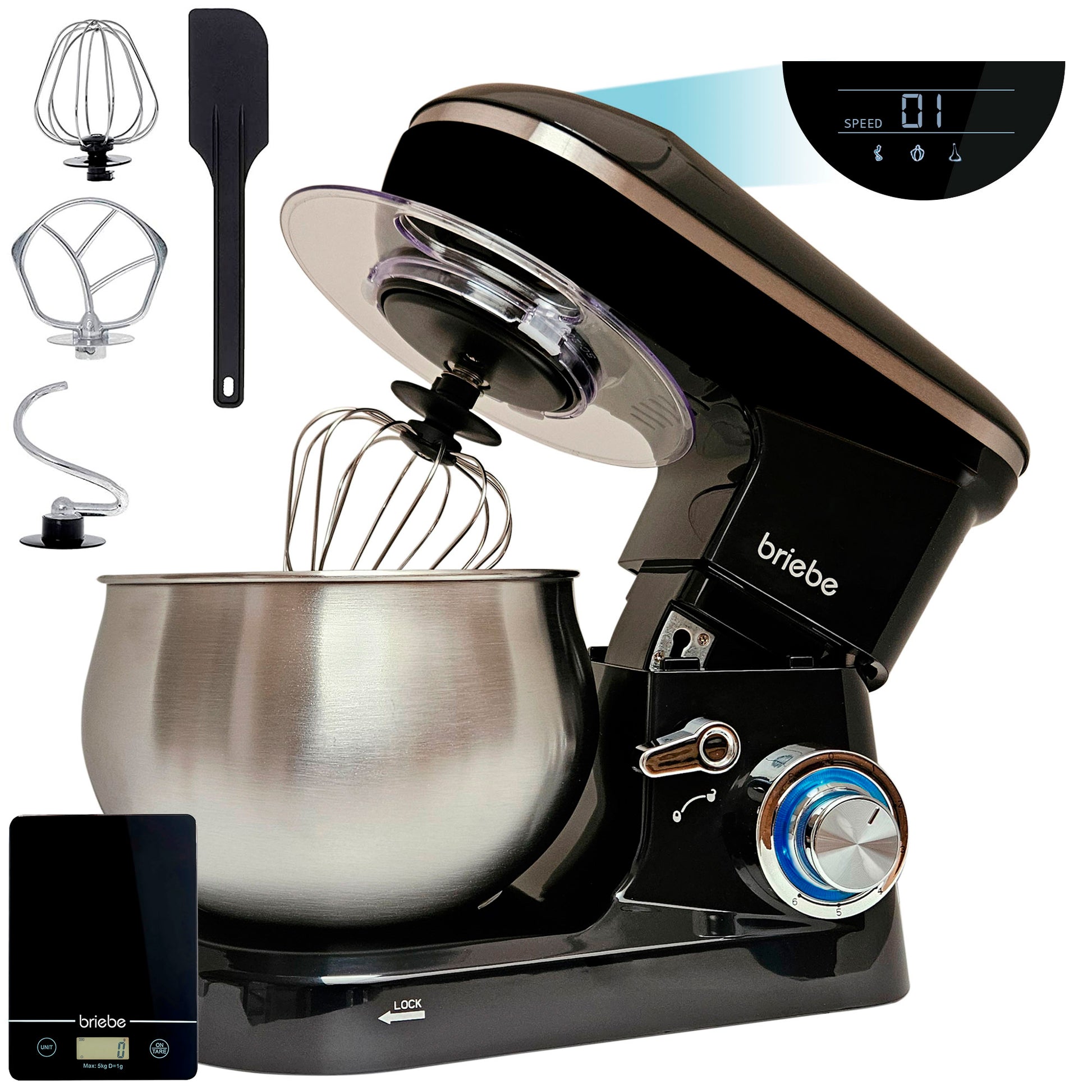 Briebe Batidora Amasadora Repostería Profesional 5l+ Báscula Cocina 6 Velocidades + Pulso Pantalla Led, Km1164b, 1800w_0