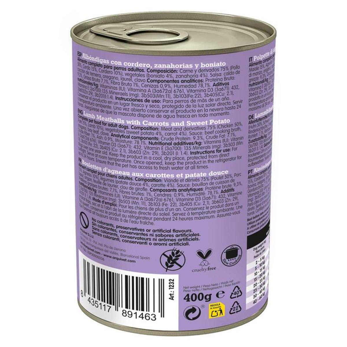 Fresh Lamb Meatballs Arquivet 400 g Comida húmeda para perro con cordero, zanahorias y boniato