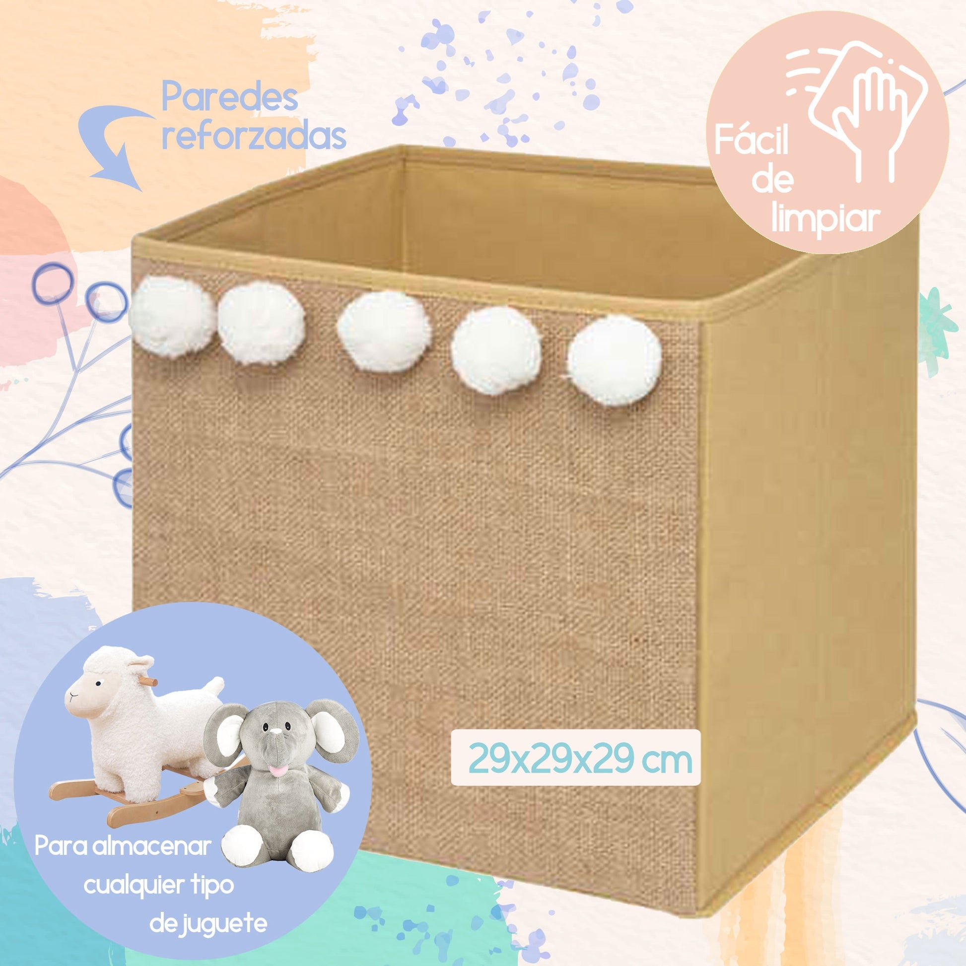 Set De 3 Cajas De Almacenamiento Infantil Con Pompones En Yute - 29 X 29 X 29 Cm