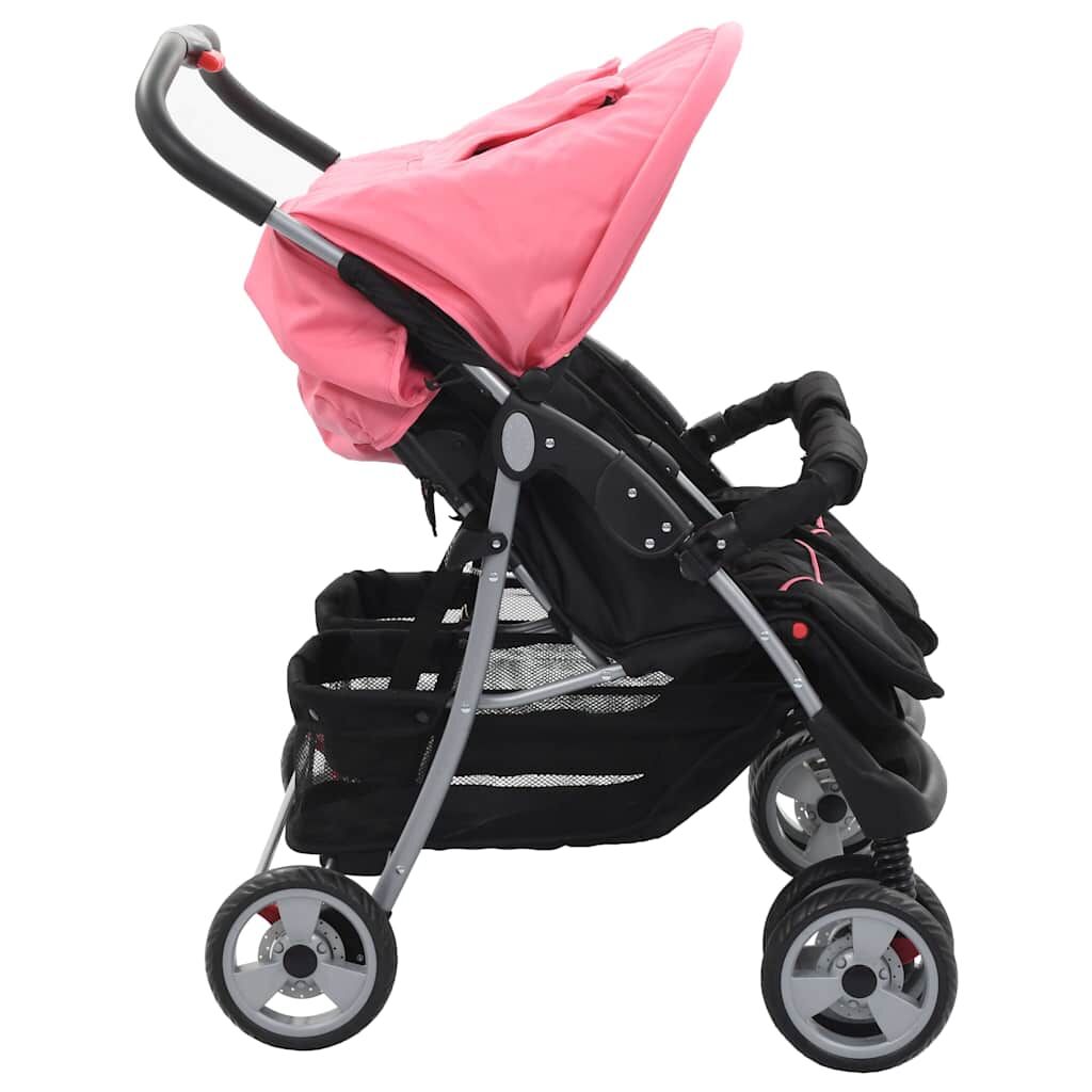 Vidaxl Silla De Paseo Para Gemelos De Acero Rosa Y Negro_3