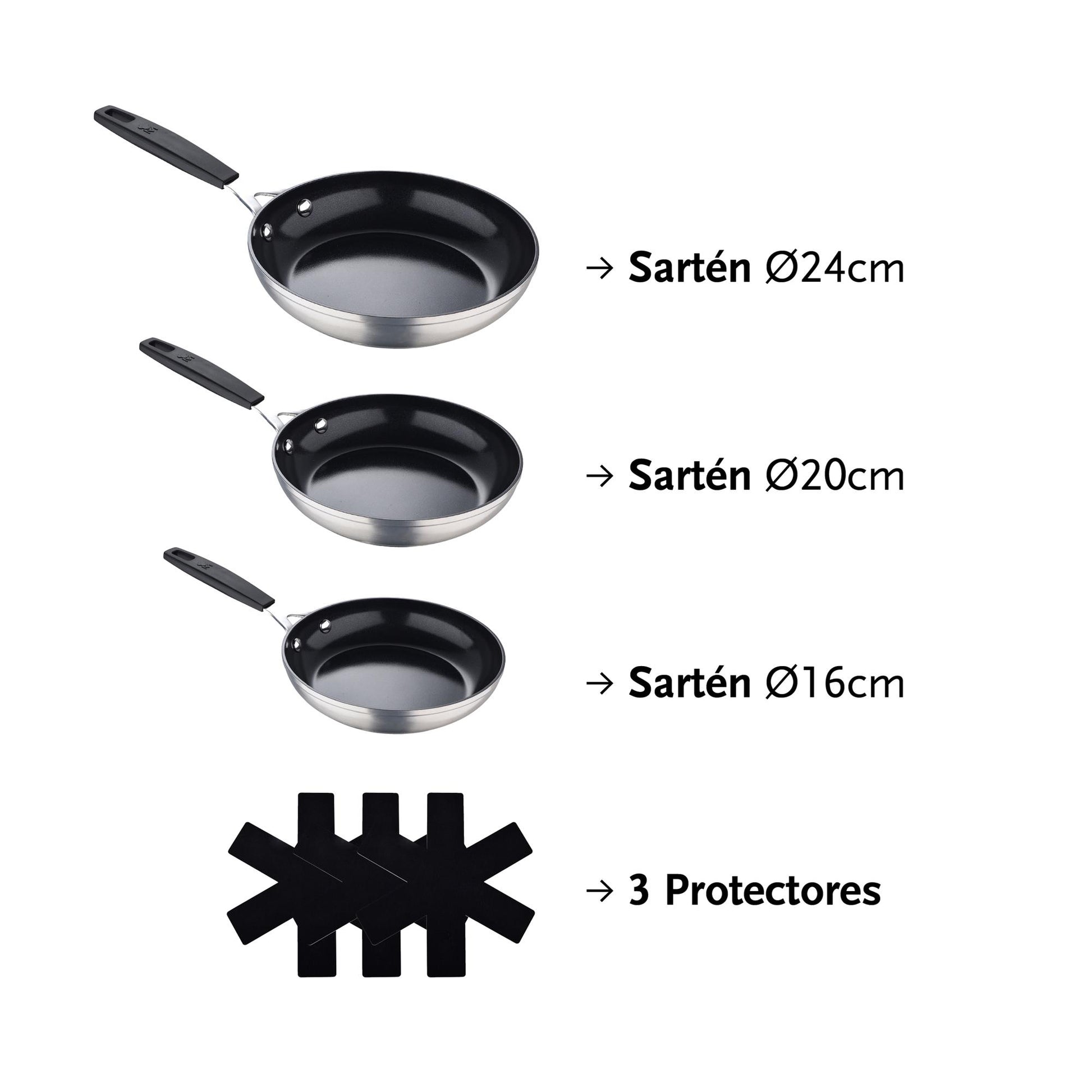 Juego De 3 Sartenes Ø16ø20ø24cm Y 3 Protectores En Aluminio Forjado Antiadherentes Masterpro_1