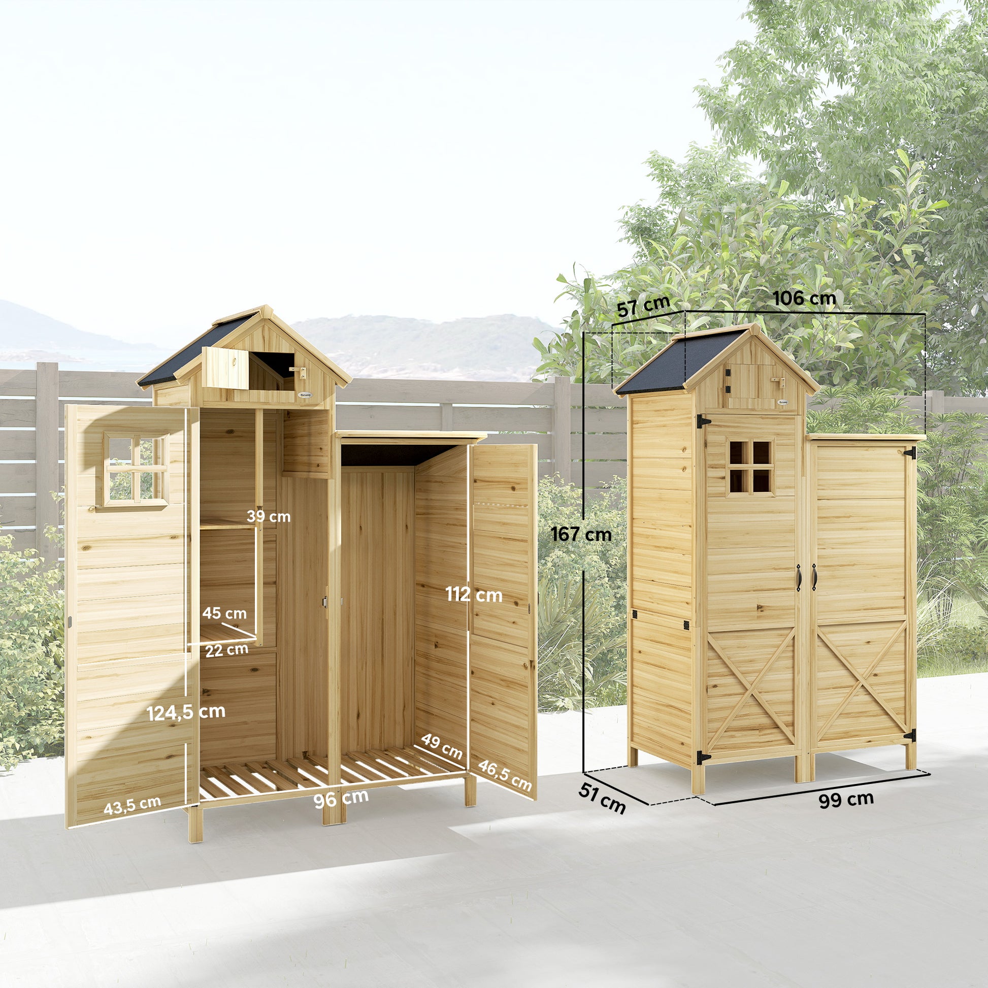 Outsunny Caseta De Jardín De Madera 106x57x167 Cm Con Doble Zona Y 2 Estantes_2
