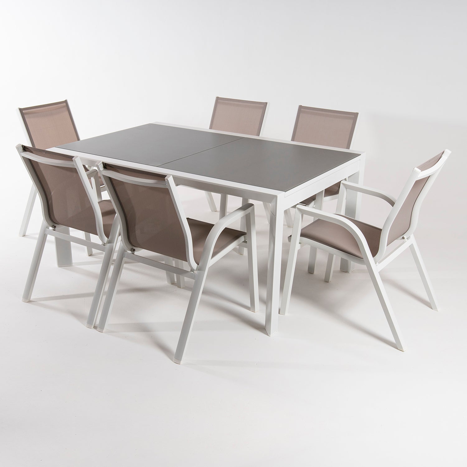 Conjunto Muebles Exterior, Mesa Extensible 160/210, Sillones Apilable, 6 Plazas, Aluminio Blanco, Textilene Taupé_2