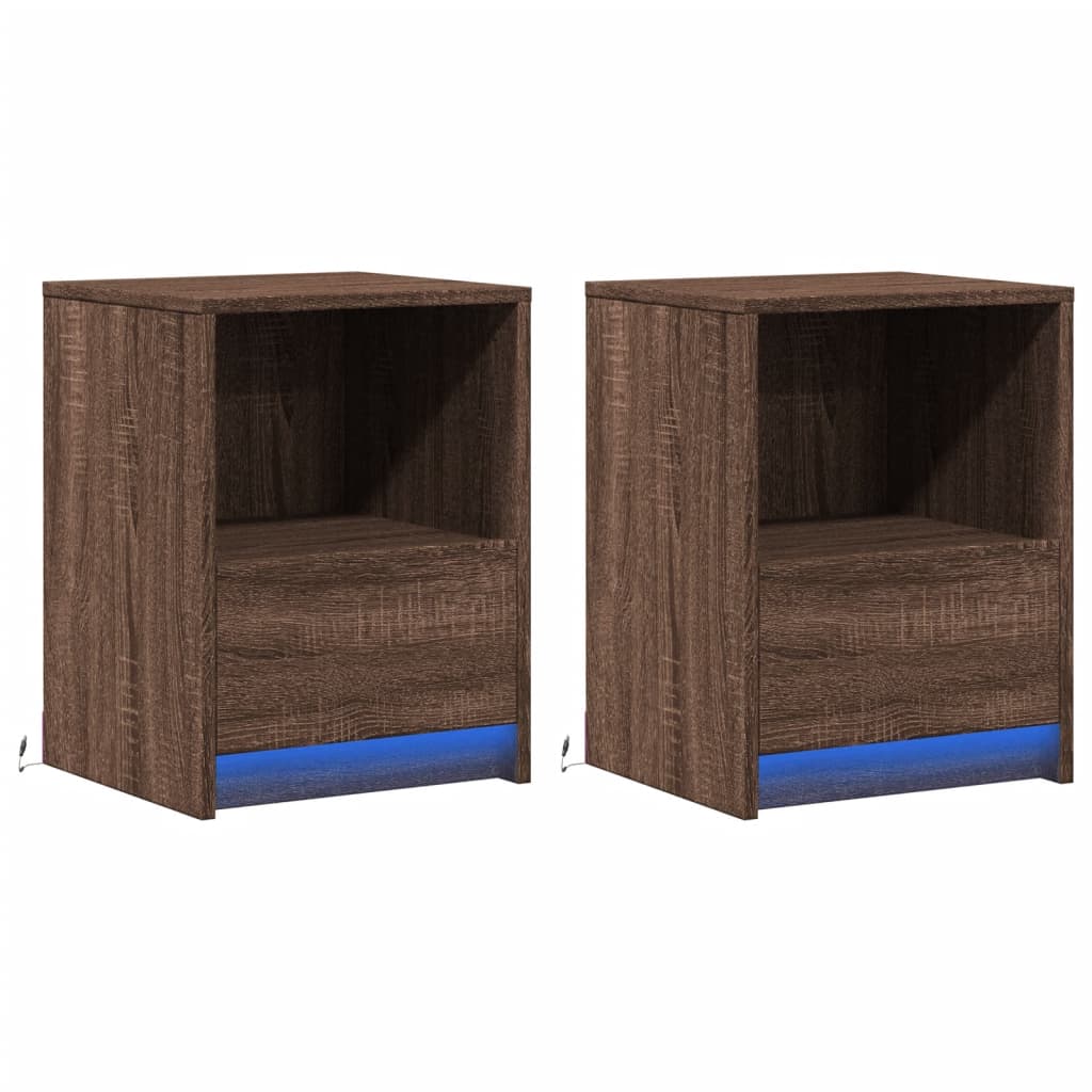 Mesitas De Noche Luces Led 2 Uds Madera Ingeniería Roble Marrón_1