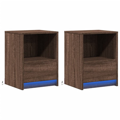 Mesitas De Noche Luces Led 2 Uds Madera Ingeniería Roble Marrón_1