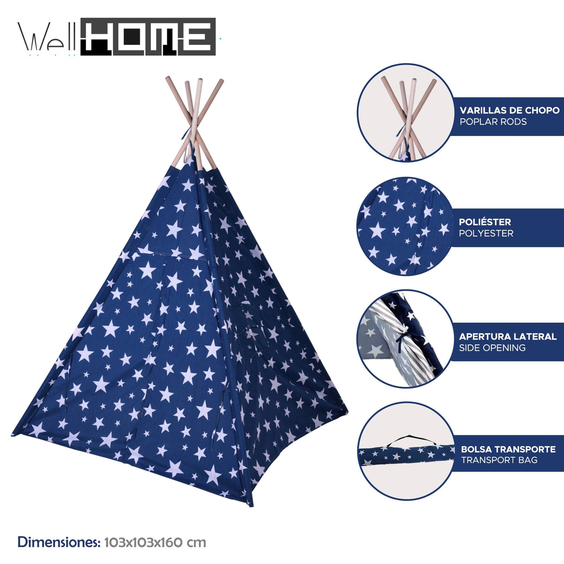 Well Home - Tipi De Poliéster Diseño De Estrellas Color Azul 103x103x160cm_1