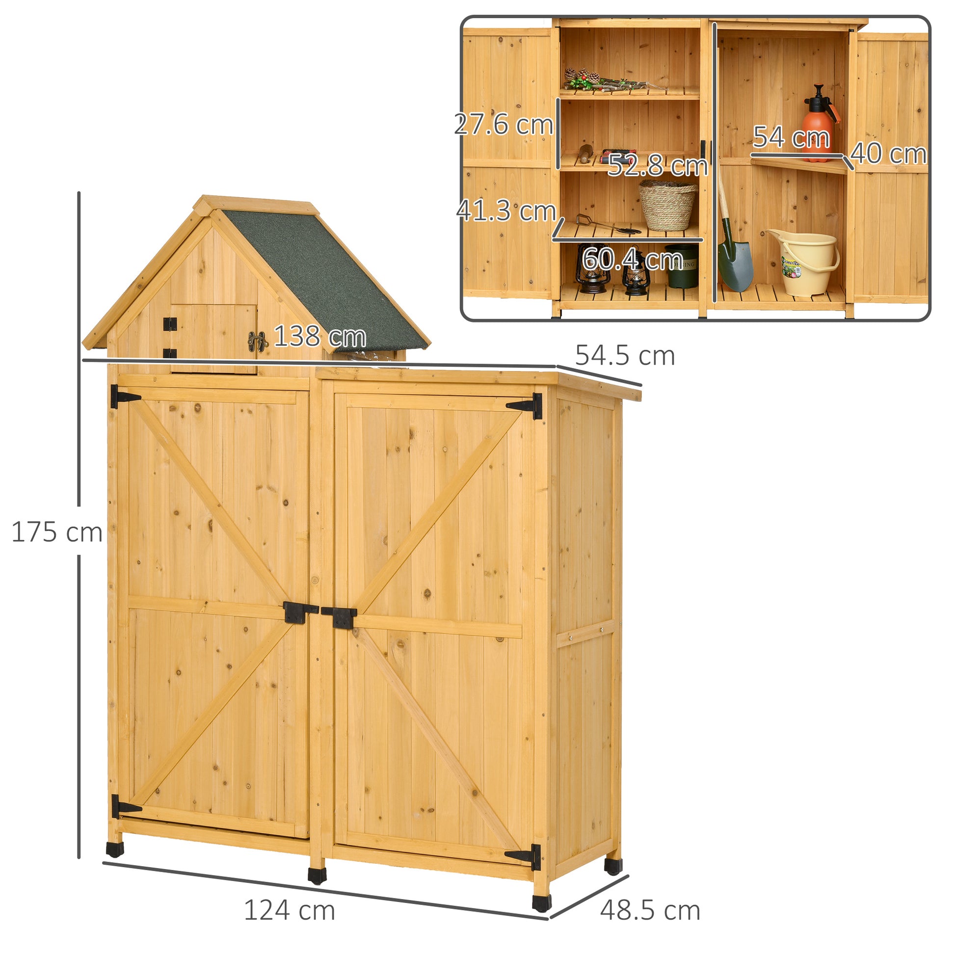Outsunny Caseta De Jardín De Madera 138x54,5x175cm Con 2 Puertas Con Estantes_2