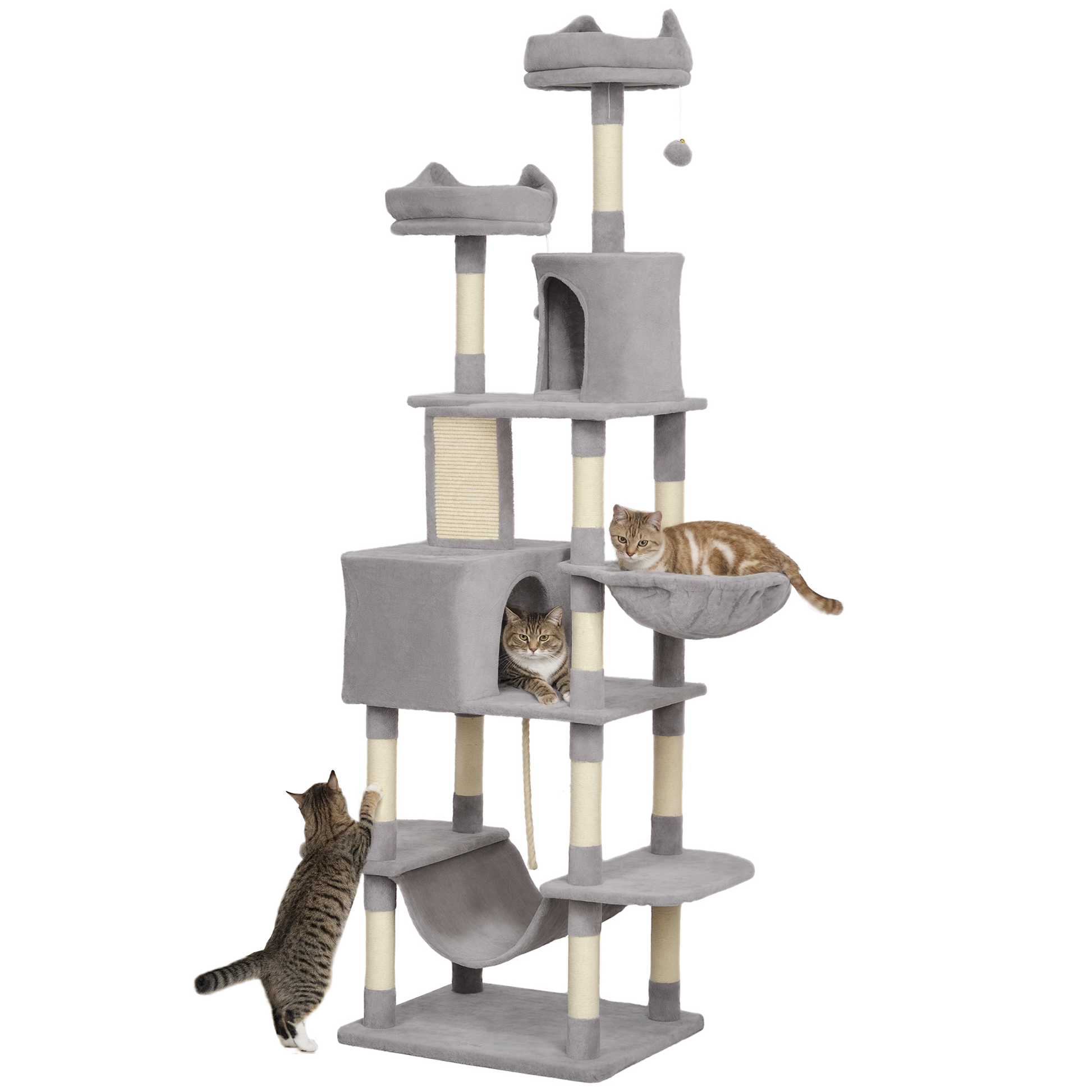Pawhut Árbol Rascador Para Gatos Grande Altura 206 Cm Con Hamacas Gris Claro_0