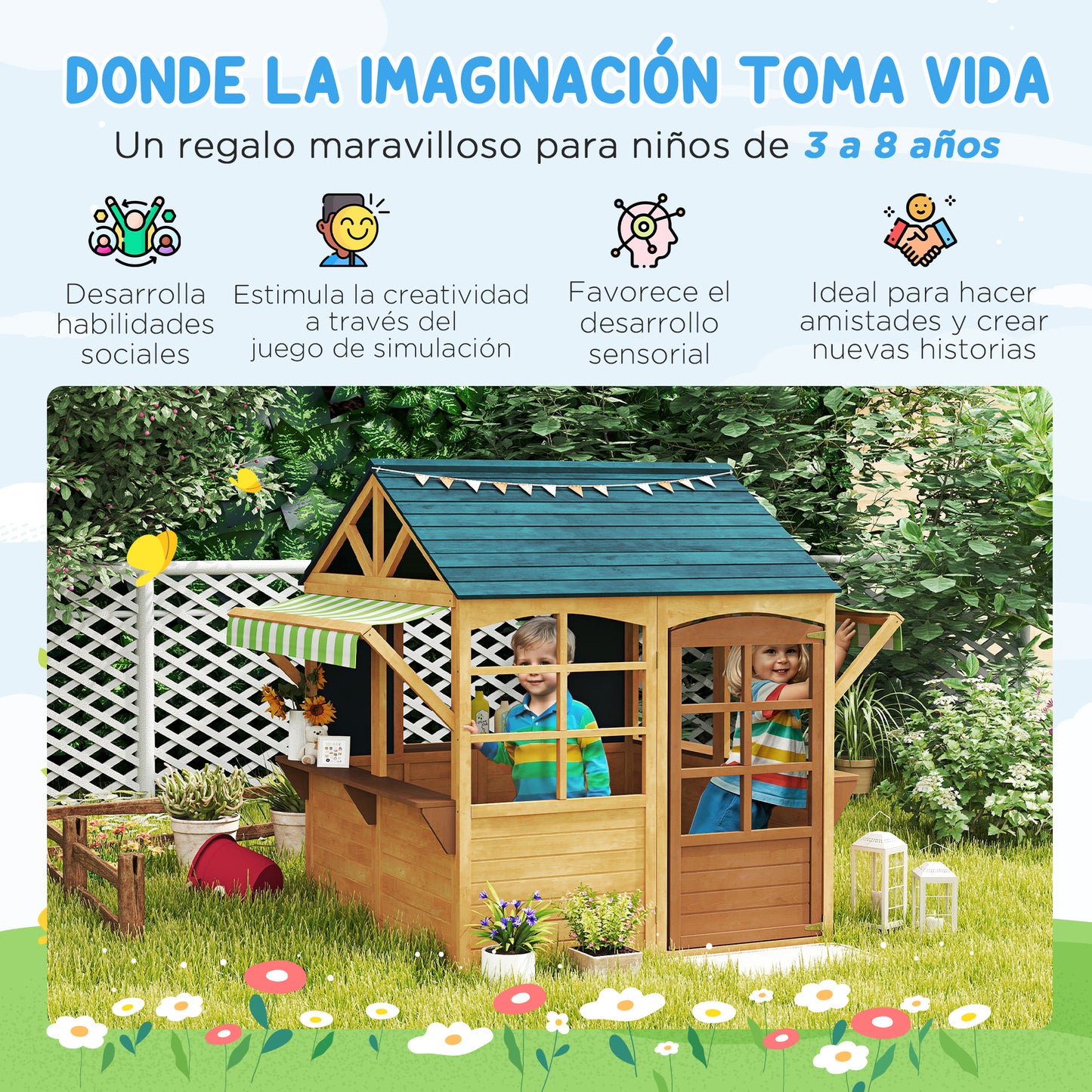 Aiyaplay Casita Infantil Exterior De Madera Con 2 Pizarras Ventanas Natural_3